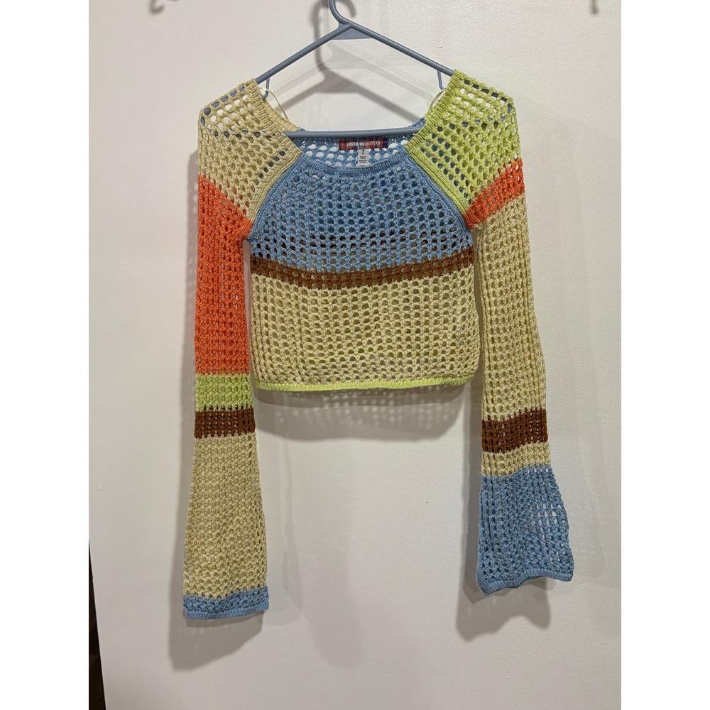 Urban Outfitters Multi Color Striped Hippie Open Knit Crochet Cropped Sweater Sm